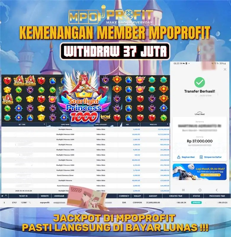MPOPROFIT JACKPOT SLOT PRAGMATIC PLAY! KEMENANGAN MURNI DI (STARLIGHT PRINCESS 1000 TOTAL RP 37.000.000,- LUNAS)